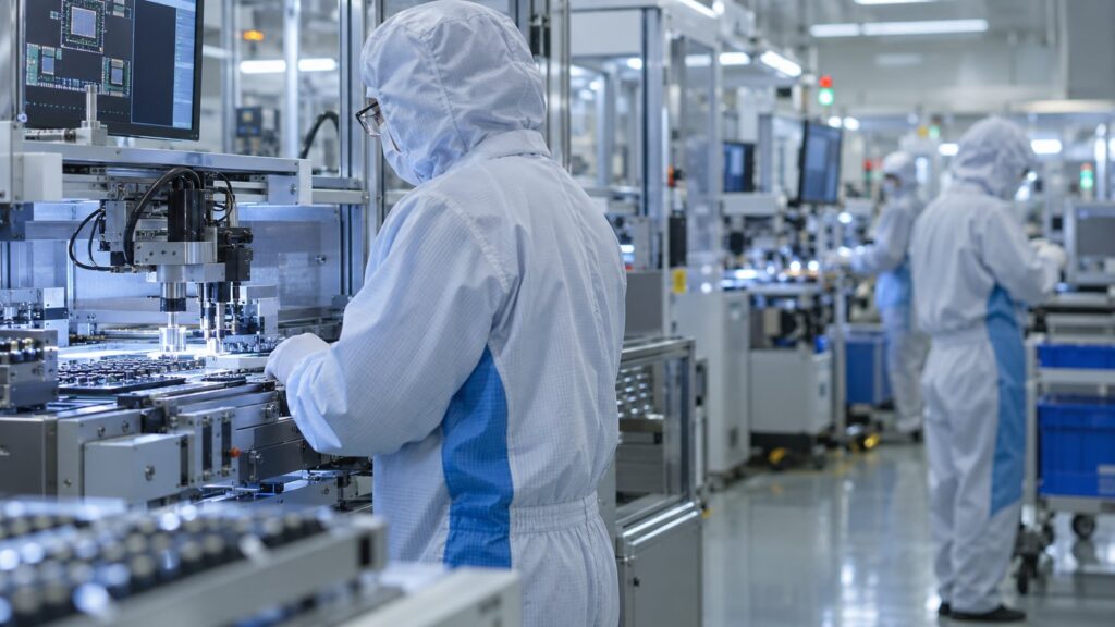 クリーンルームで電子部品を製造する作業員
