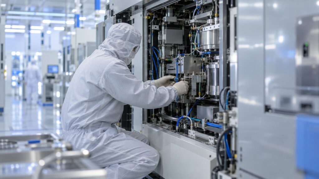 半導体製造装置を保守するクリーンルーム作業員