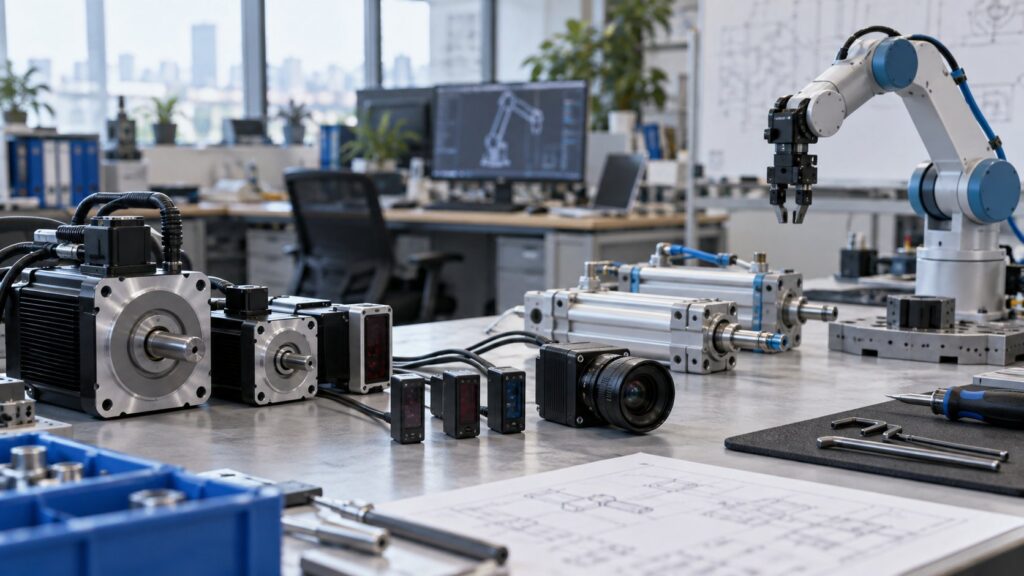 作業台に並べられたサーボモーター、センサー、エアシリンダーなどのFA機器
