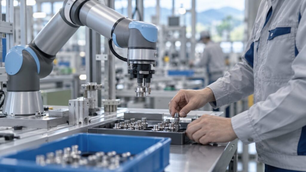 人のそばで部品を扱う協働ロボット
