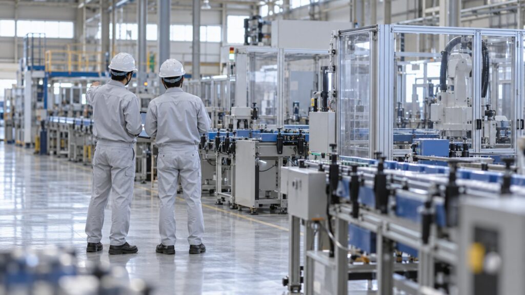 顧客の工場で設備の立上げについて話し合う日本人エンジニア