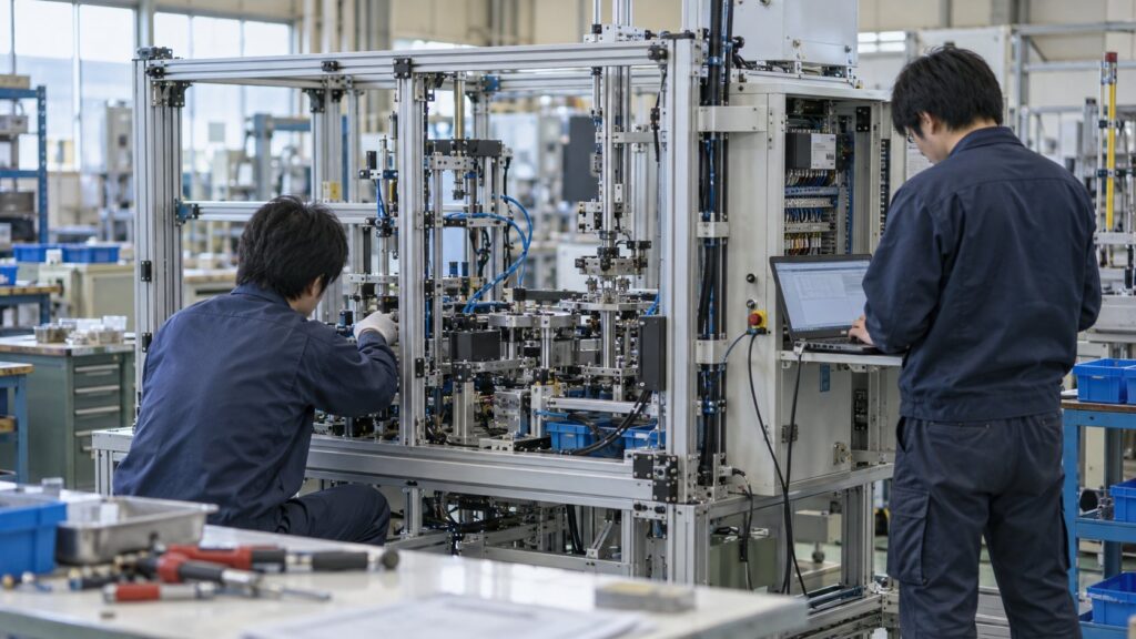 組立中の自動化設備を調整する日本人エンジニア