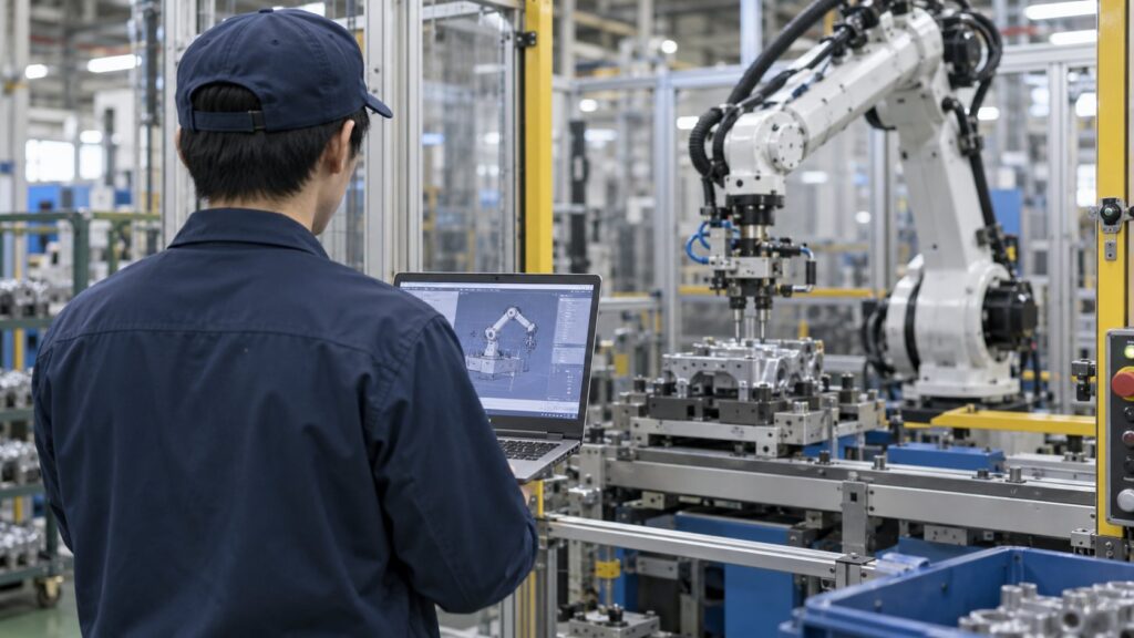ロボット設備をノートPCで確認する技術者