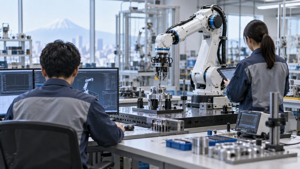産業ロボットを試験する日本人技術者