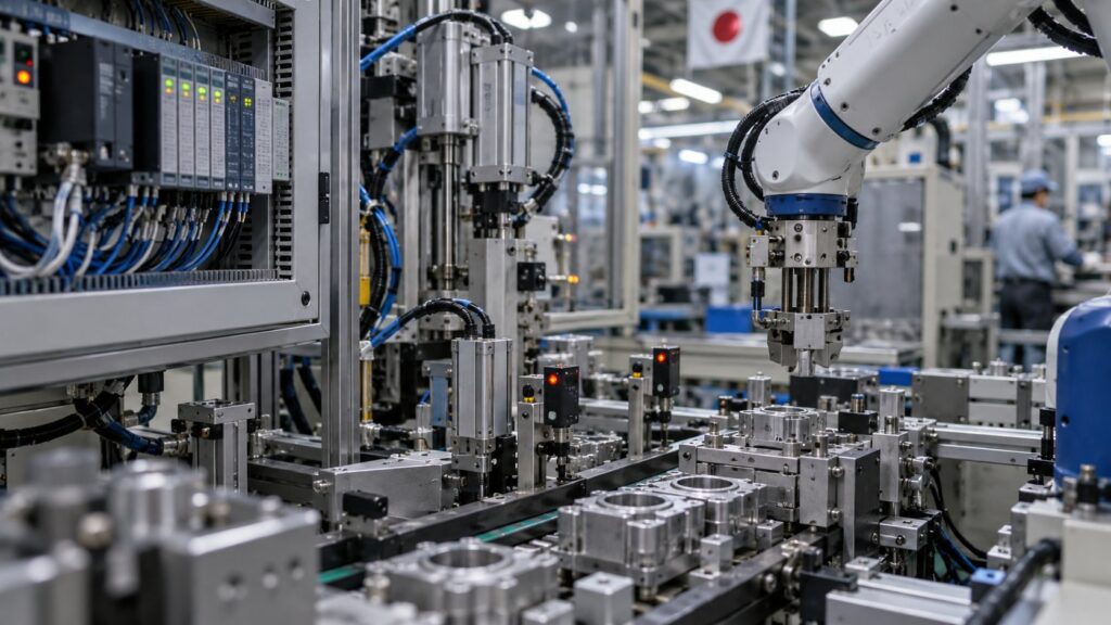 PLCやセンサーを備えた自動化作業セル
