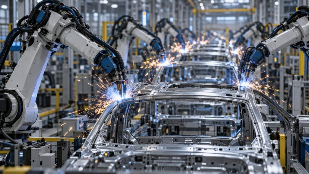 車体を溶接する複数の産業ロボット
