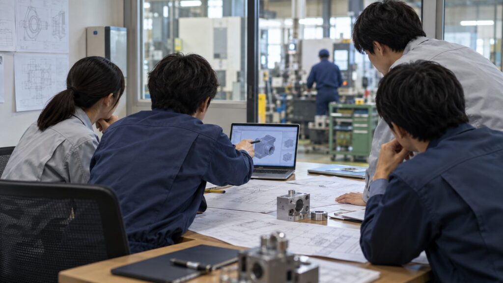 図面とノートPCを囲んで議論する技術者たち
