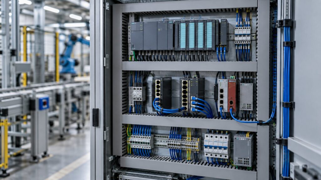 PLCやネットワーク機器を収めた制御盤