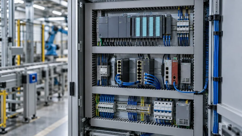 A control panel with PLCs and network switches