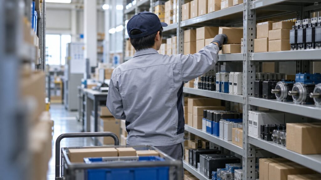 FA部品が並ぶ倉庫で商品を取る作業員