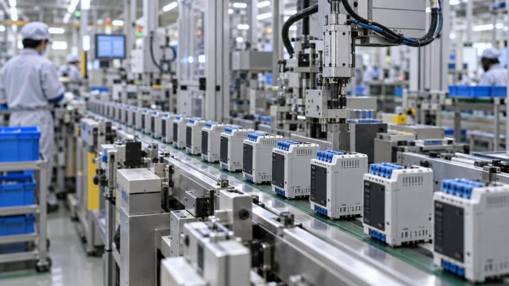 Control devices moving along an automated assembly line