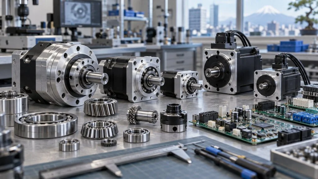 Speed reducers, servo motors, bearings, and circuit boards on a workbench
