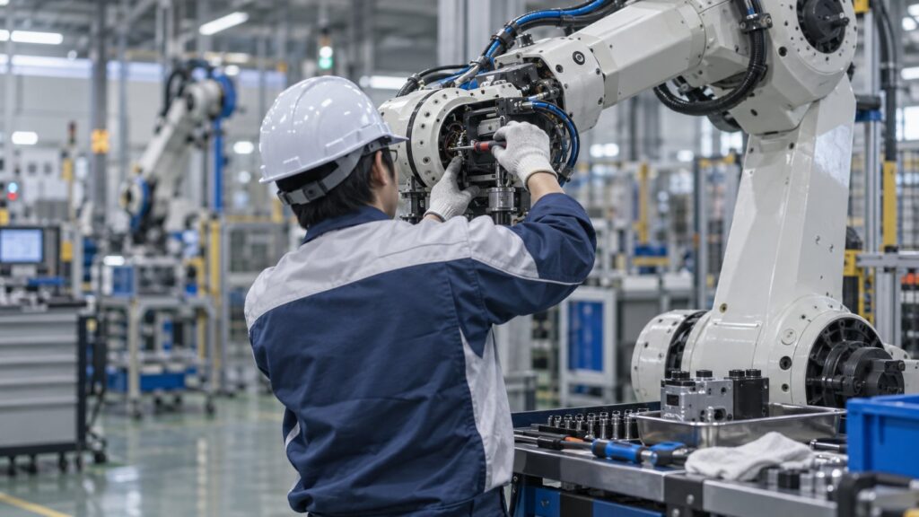 産業用ロボットアームを整備する技術者