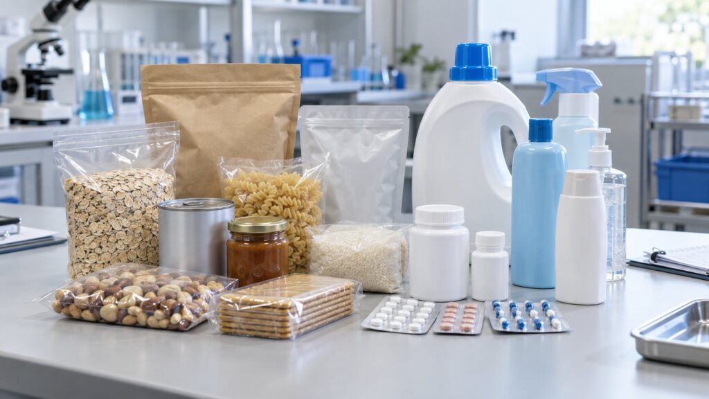 加工食品・医薬品・日用品を並べた製品群のイメージ