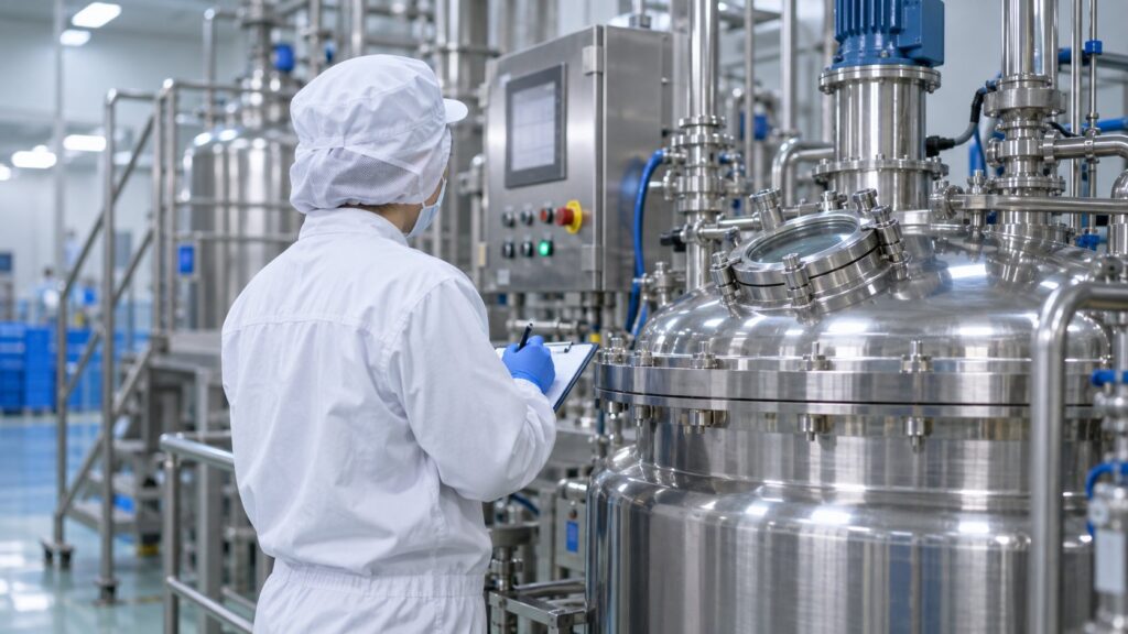 衛生服姿で製造ラインを点検する若手技術者