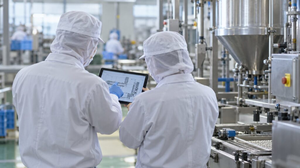 タブレットで生産設備を確認する作業員