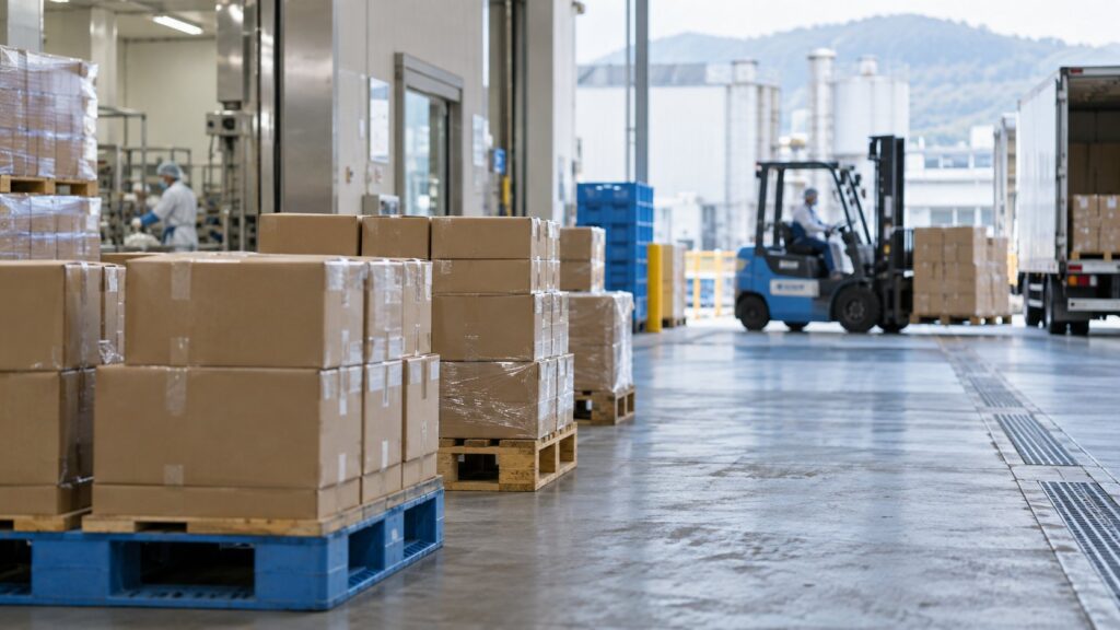出荷待ちの段ボールとフォークリフト