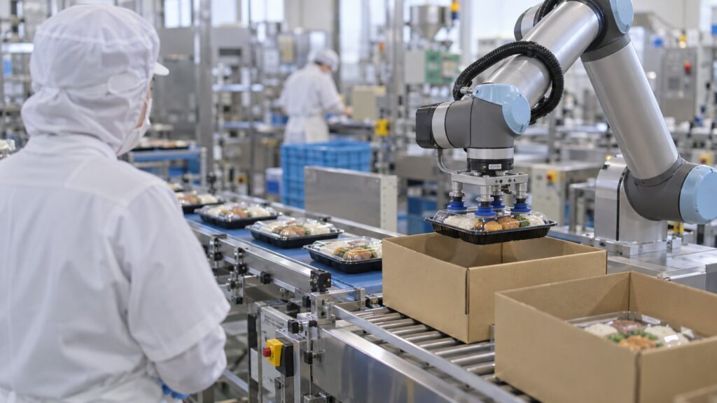 食品トレーを箱詰めする協働ロボット