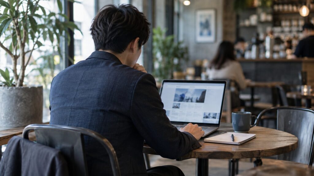 カフェで企業情報を調べる日本人会社員