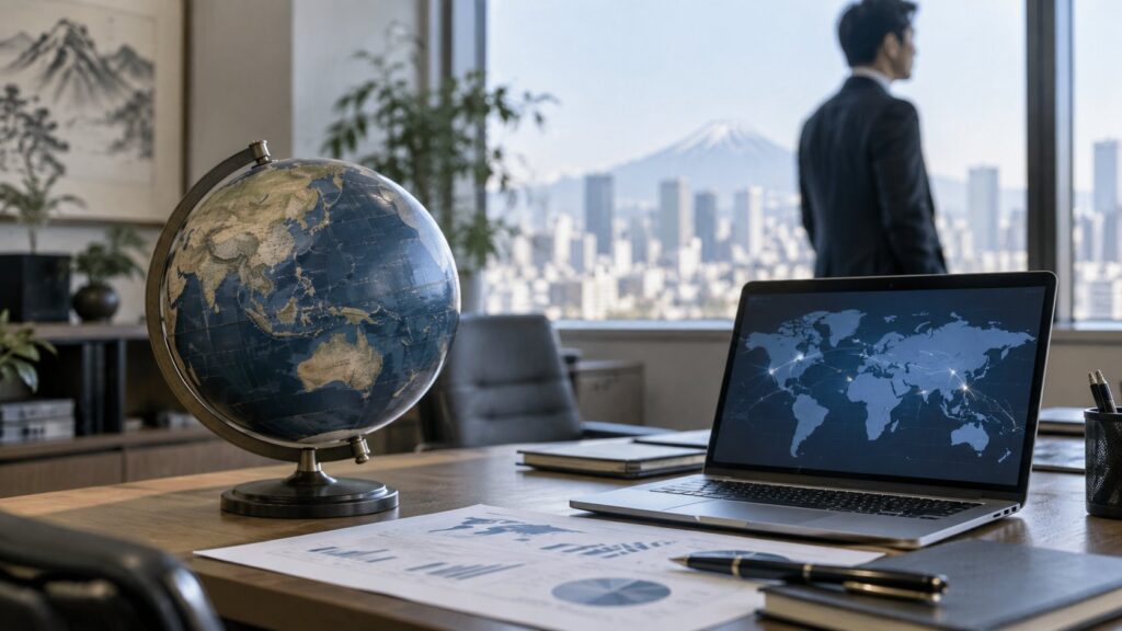 地球儀と世界地図を映すPCがあるオフィス