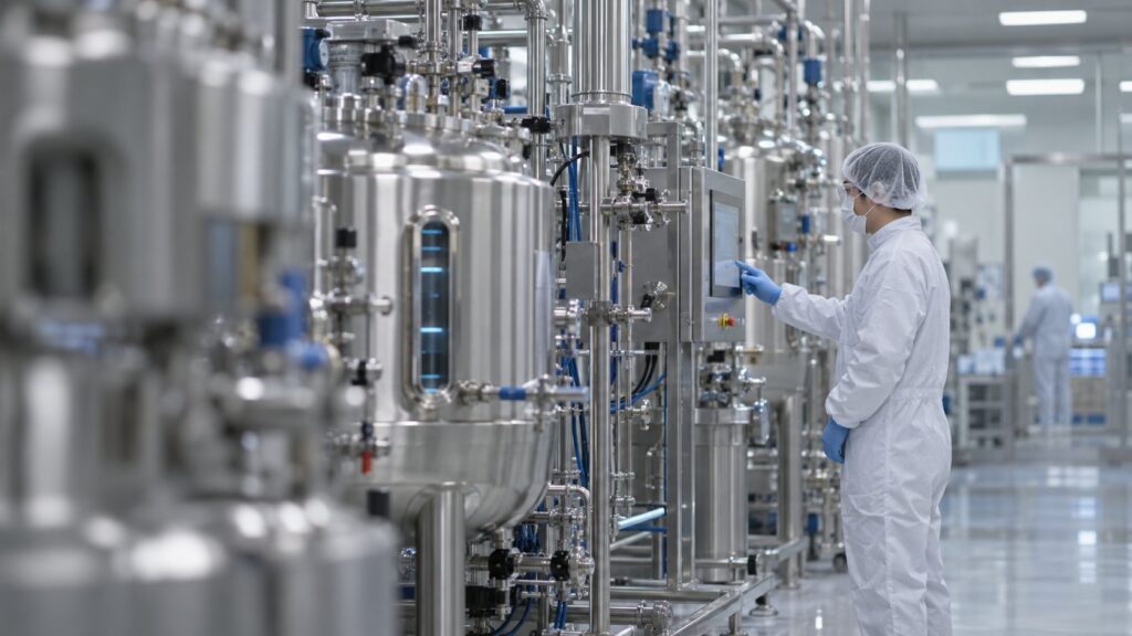 バイオ製造設備の操作盤を確認する技術者
