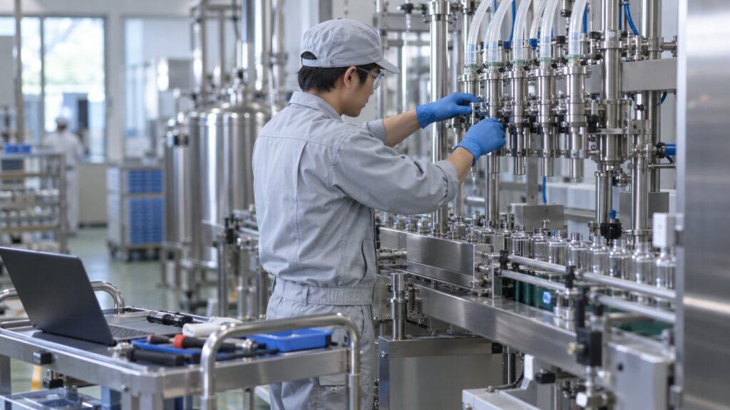 液体充填機を調整する日本人エンジニア