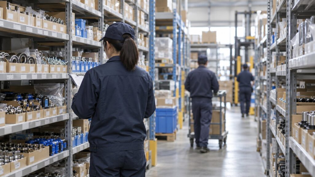 部品が保管された商社の物流倉庫の棚