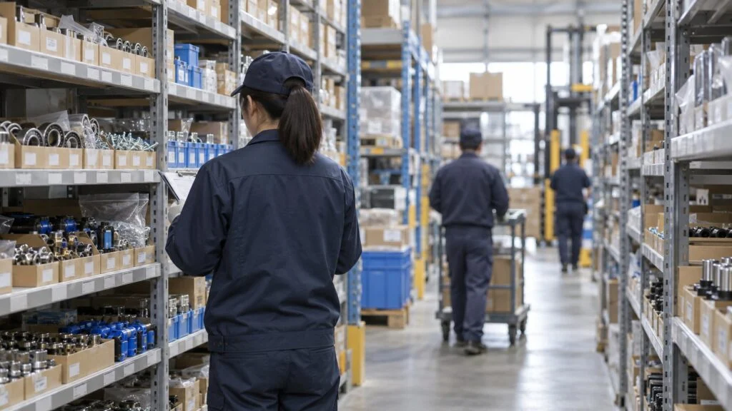 Workers checking parts on warehouse shelves