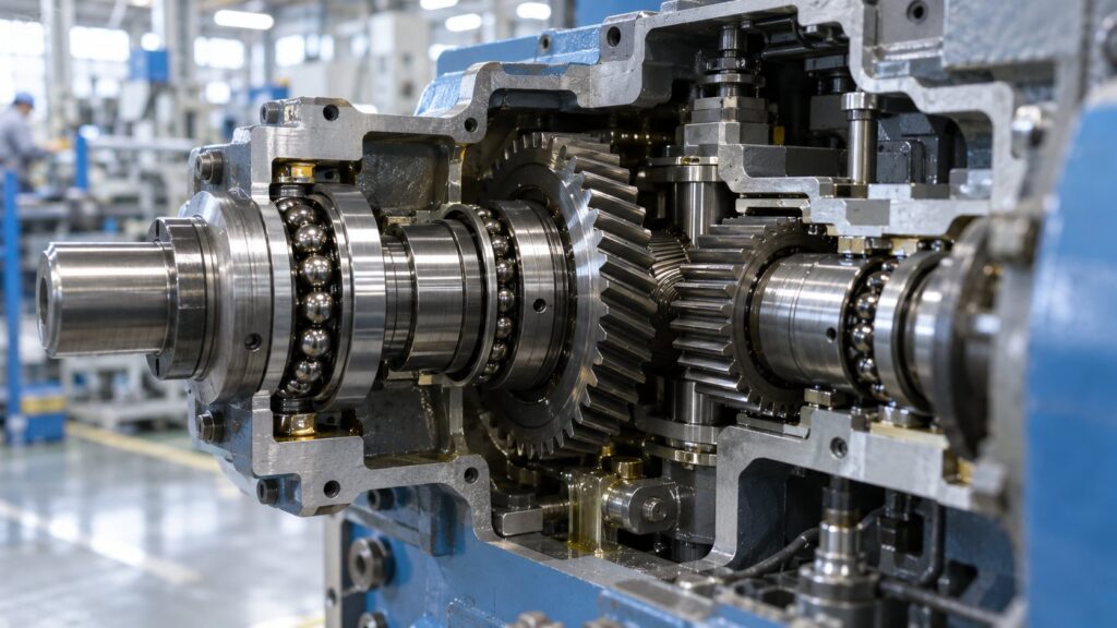 回転するベアリングと歯車が組み込まれた機械の内部