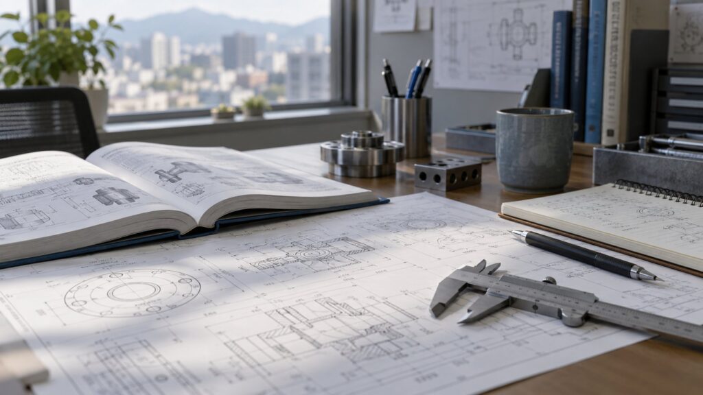 机の上に置かれた図面と参考書、ノギス