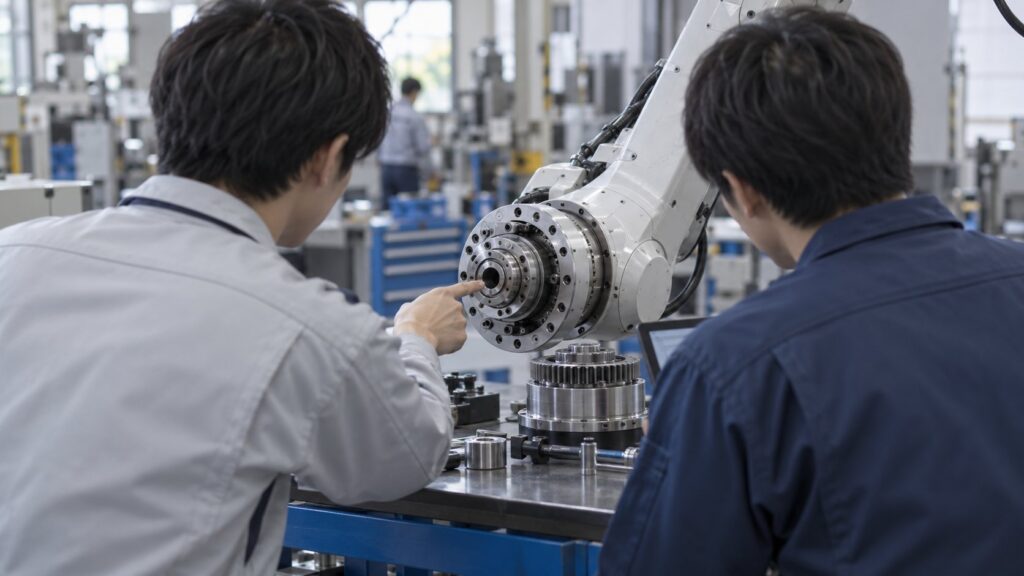 ロボットの関節部品について話し合う技術者