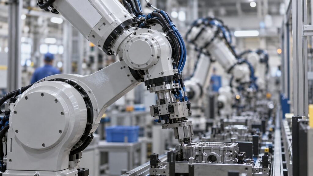 組立ラインで稼働する産業用ロボットアーム