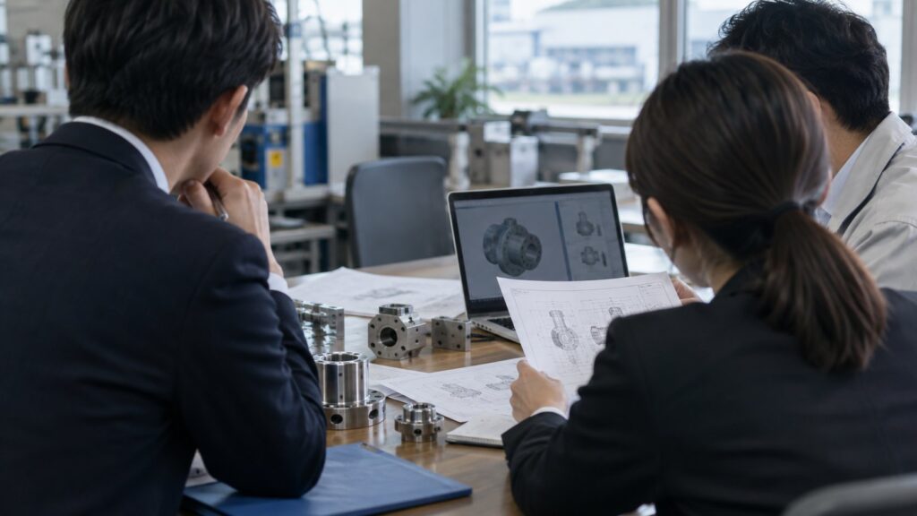 機械部品を囲んで打ち合わせする社員