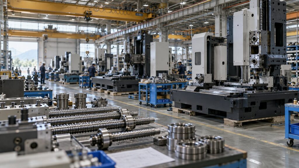 機械メーカーの組立工場で組み立て中の工作機械