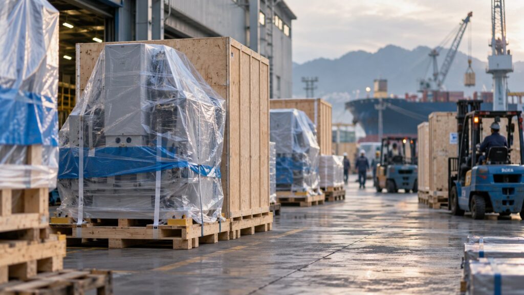 海外向けに梱包され出荷を待つ産業機械