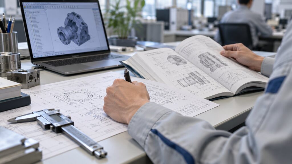 技術資料と図面を前に学習する技術者の手元