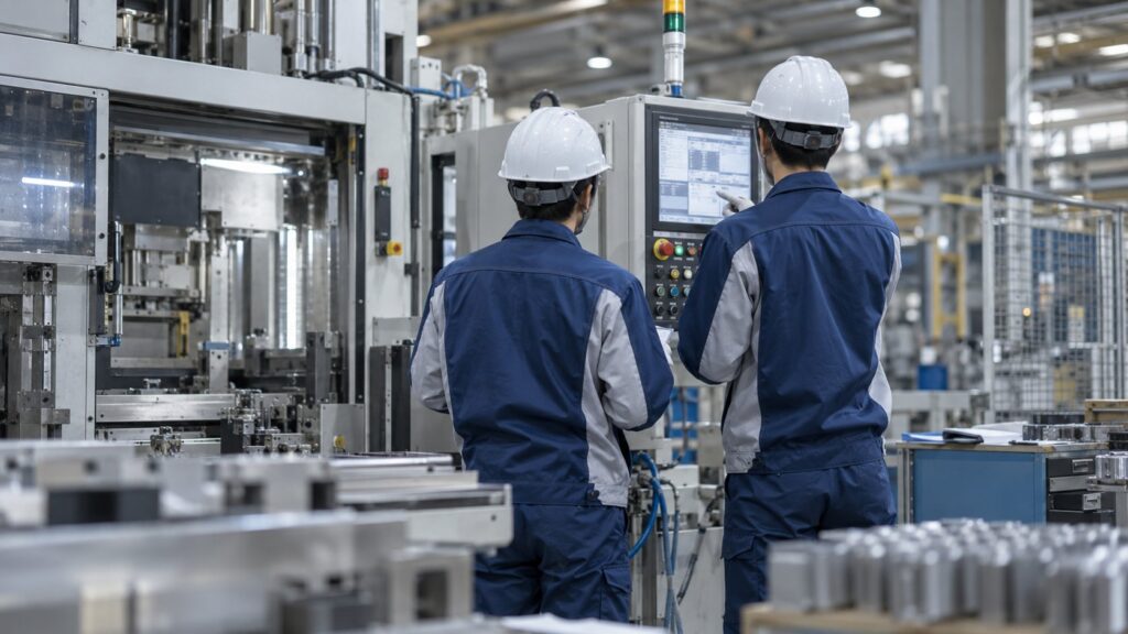 顧客の工場で機械の立上げを行う技術者