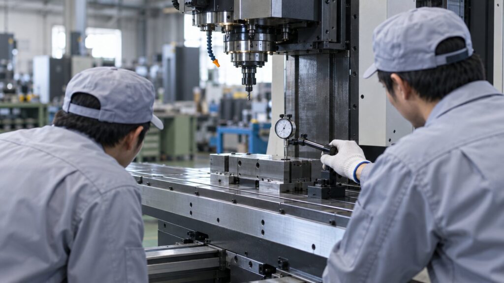 工作機械の精度を測定しながら調整する技術者