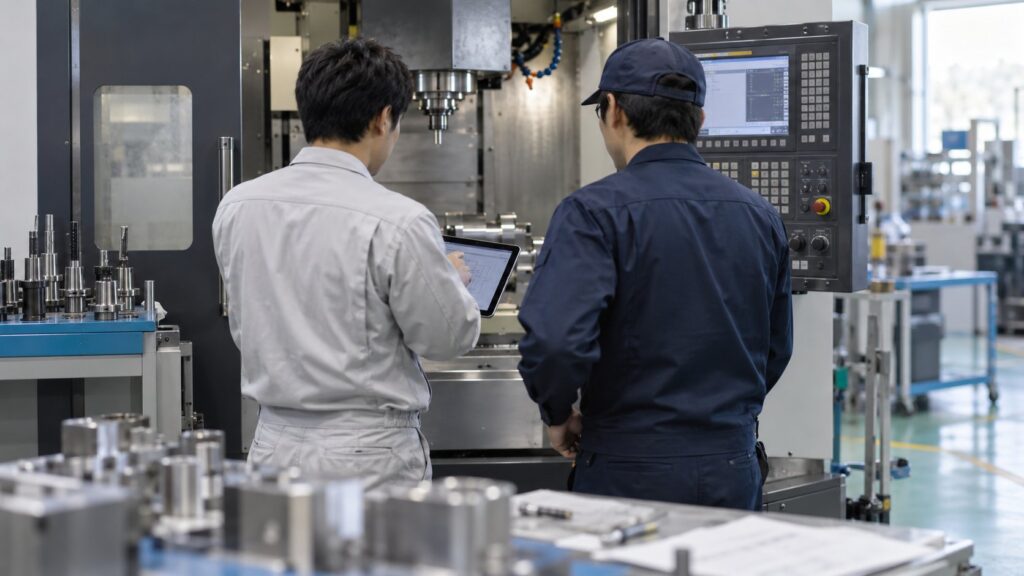 CNC工作機械を調整する日本人サービス技術者