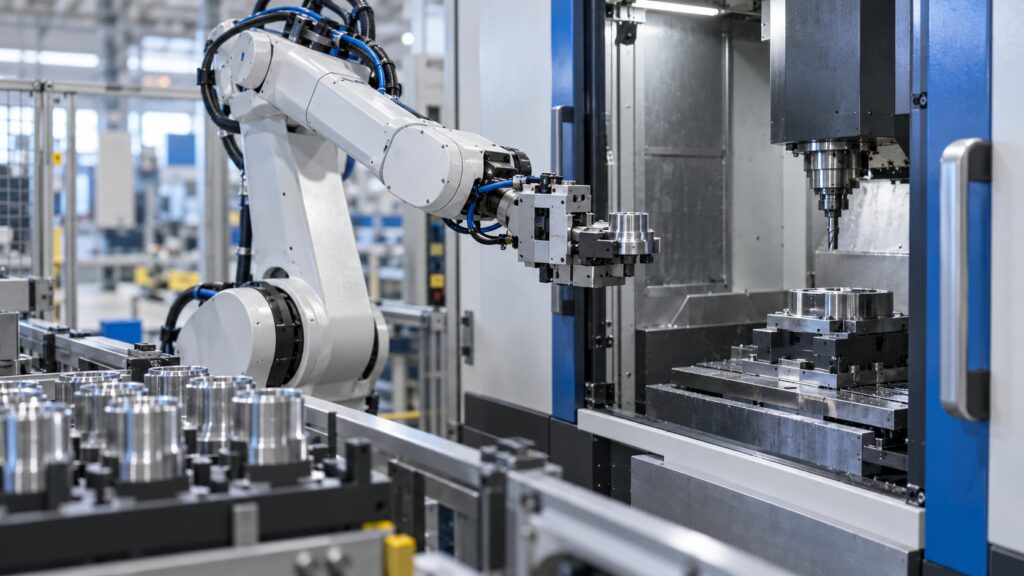 CNC工作機械へ部品を搬送するロボットアーム