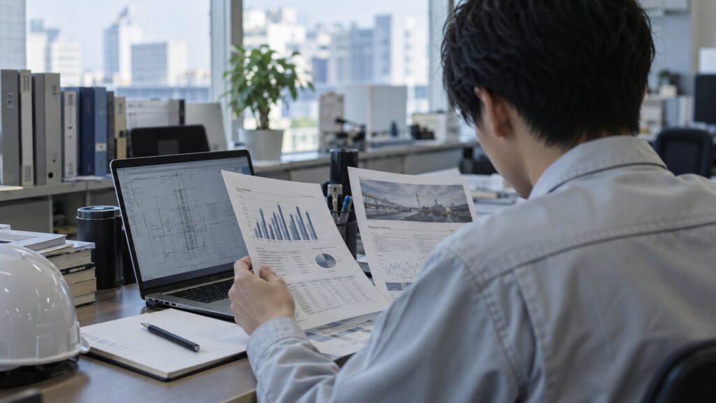 会社資料とグラフを確認する若手エンジニア