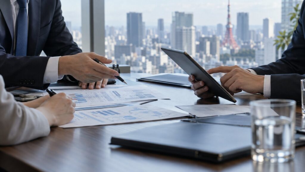 東京の会議室で資料と端末を確認する手元