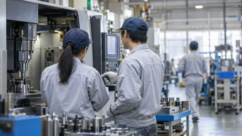 工作機械の前で相談する若手エンジニア2人