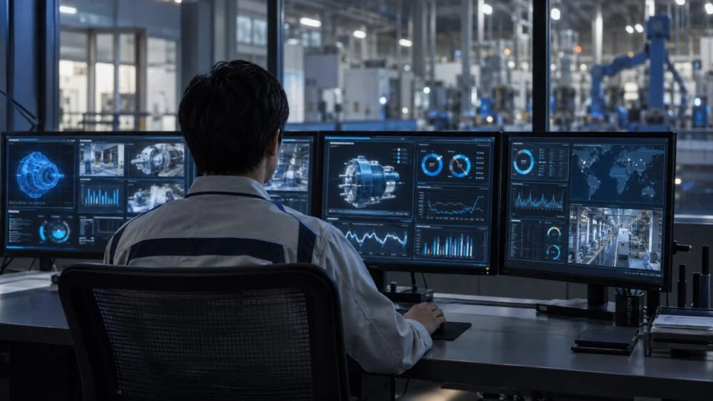 An engineer monitoring machine tools remotely on several screens
