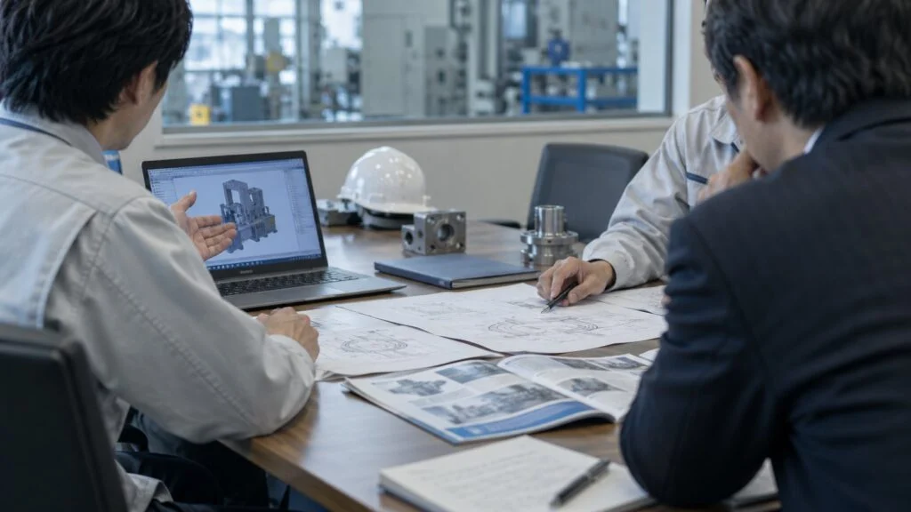 Engineers reviewing machine drawings and a 3D model at a meeting table