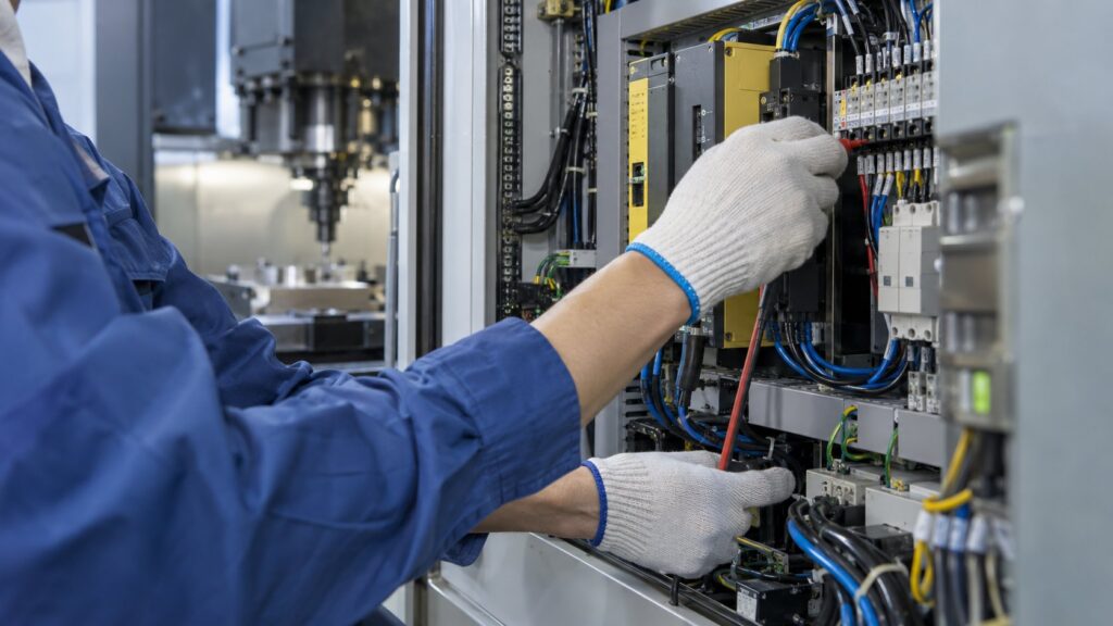 CNC機の制御盤内部を点検する保守作業者