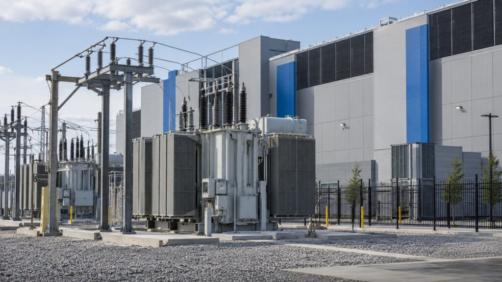 データセンター前の変電設備と変圧器