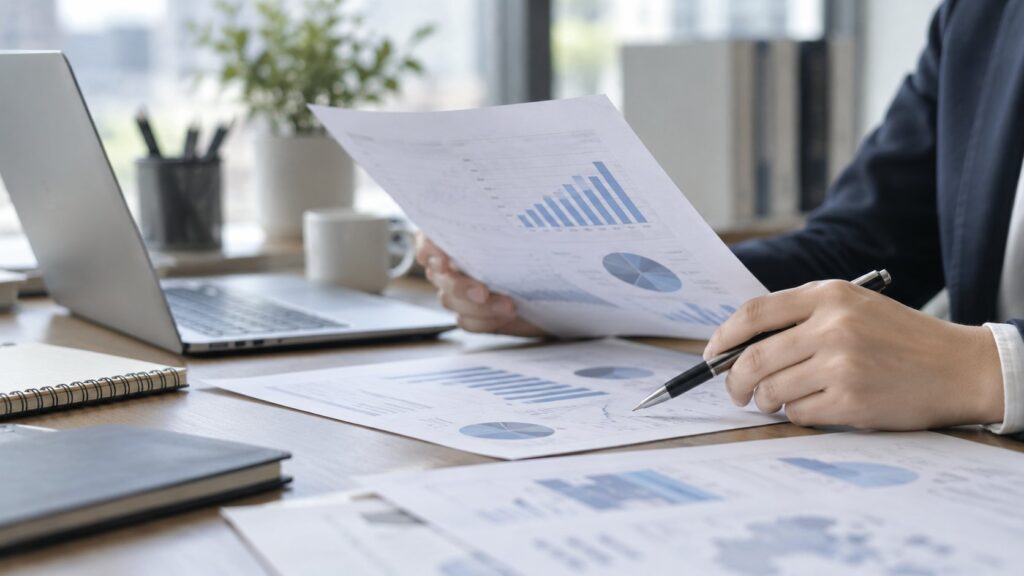 企業資料やグラフを比較する求職者の手元