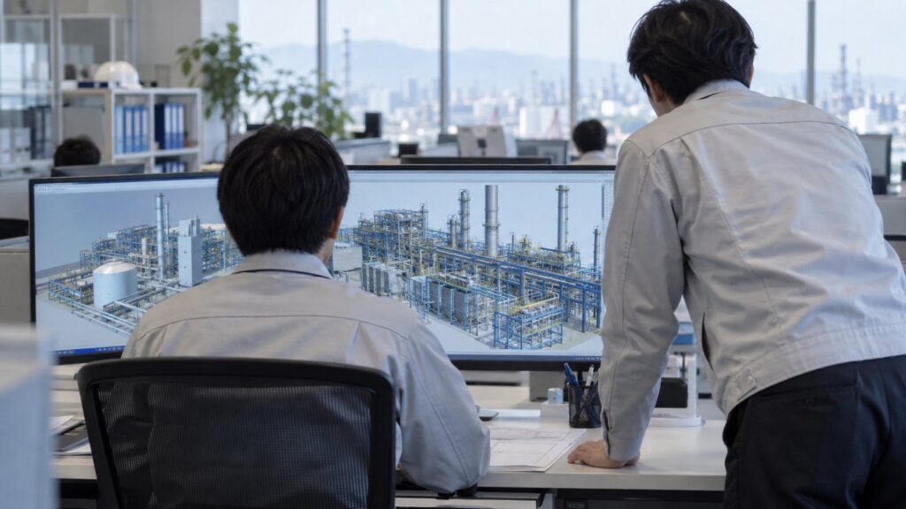 3Dプラントモデルを確認する日本人技術者