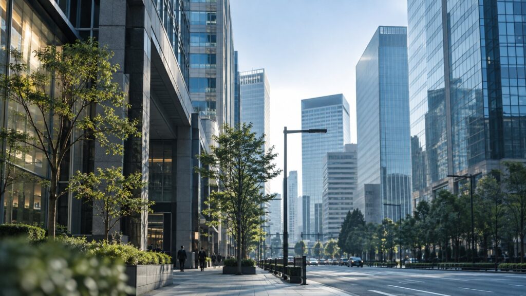 高層オフィスビルが立ち並ぶ日本のビジネス街